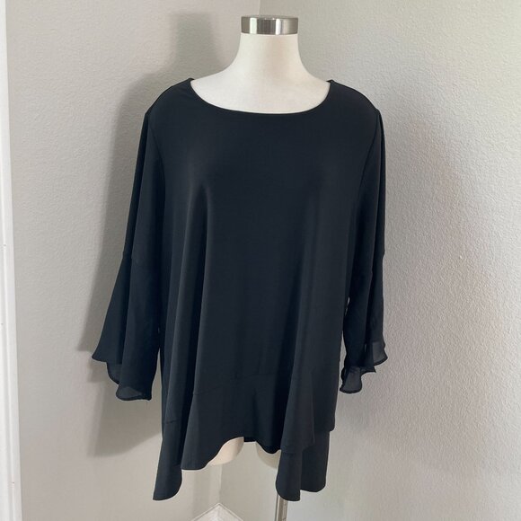 Roz & Ali Womens Plus 3X Black Tunic Top Bell Sleeves Blouse Shirt Round Neck - Picture 1 of 11